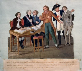 Wymagający młodzieńcy na wojnę wandejską (ojciec pokazuje syna niezdolnego do służby i zajmuje jego miejsce). Grawerowanie braci Lesueur (XVIII wiek). Paryż, Muzeum Carnavalet