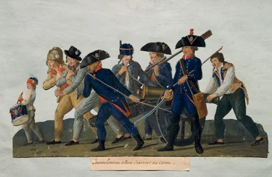 Rewolucja francuska: „”Młodzi mężczyźni idą na praktykę z kanonikiem”””Grawerowanie braci Lesueur (XVIII wiek). Paryż, Muzeum Carnavalet