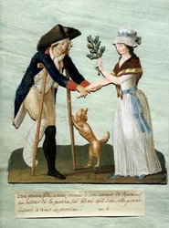 Rewolucja Francuska: „”młoda dziewczyna odnajduje obiecane rany po wojnie i dotrzymuje obietnicy poślubienia jej”” Gouache des brothers Lesueur (XVIII wiek). Paryskie Muzeum Carnavalet