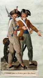 Rewolucja Francuska: „obywatel pozuje we frakcji przy armacie””. Gwasz braci Lesueur. 18 wiek. Musee Carnavalet, Paryż