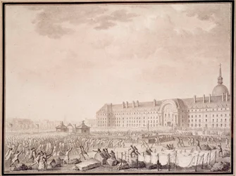Rewolucja francuska: chwycenie za broń podczas Inwalidów 14 lipca 1789 r. Litografia braci Lesueur (XVIII wiek)