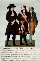 Rewolucja francuska: rewolucjoniści Jerome Petion (1756-1794), Jacques Antoine (Jacques-Antoine) Manuel (1775-1827) i Pierre-Gaspard (Pierre Gaspard) Chaumette dit Anaxagoras (1763-1794), rzecznik nieokiełznanych. Gwasz braci Lesueur (18th