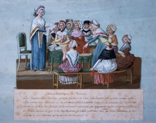 Spotkanie klubu kobiet patriotycznych, autorstwa Jean-Baptiste Lesueur, odbitka kolorowa, Francja, Rewolucja Francuska