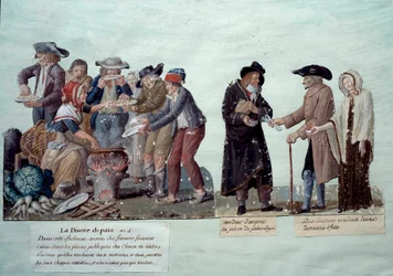 Sceny Rewolucji Francuskiej: „”niedoskonałość chleba, sprzedawca pieniędzy i annuiterzy sprzedający swoje efekty””. Gwasz braci Lesueur, ok. 1789 r. Musee Carnavalet, Paryż