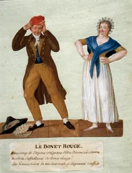 Czerwony kapelusz. Mężczyzna nosi czapkę frygijską w czasie rewolucji 1789 roku. Gwasz braci Lesueur. XVIII wiek. Musée Carnavalet, Paryż