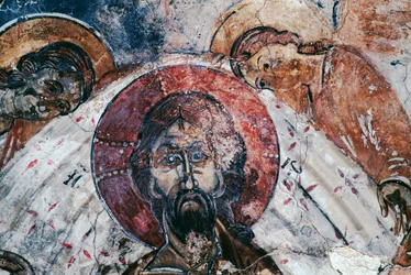 Chrystus, fresk w bizantyjskim kościele św. Jerzego, Komitades, Kreta, Grecja (zdjęcie)