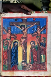Ukrzyżowanie, rękopis w muzeum kościoła Najświętszej Marii Panny Syjonu (XVII w.), Aksum (lista światowego dziedzictwa UNESCO