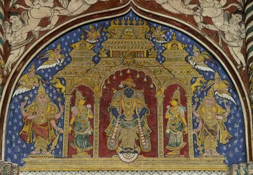 Fresk przedstawiający Wisznu, pałac Thanjavur Maratha, Tamil Nadu, Indie