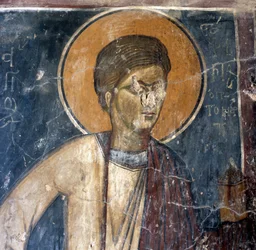 Fresk świętego w bizantyjskim kościele Agios Georgios Xifoforos, Apodoulou, Kreta, Grecja (zdjęcie)