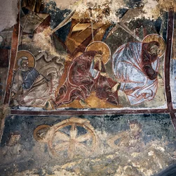Fresk świętych w bizantyjskim kościele Agios Georgios Xifoforos, Apodoulou, Kreta, Grecja (zdjęcie)