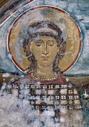 Fresk ze świętym w bizantyjskim kościele Agios Georgios, Vathi, Kreta, Grecja (zdjęcie)