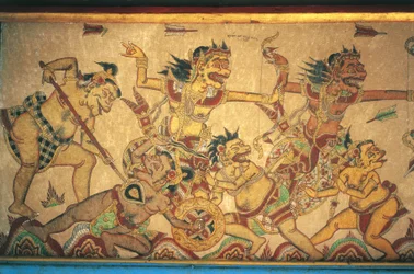 Freski przedstawiające sceny bitew pomiędzy bogami i demonami, pawilon Kertha Gosa, Pałac Klungkung (Puri Agung Semarapura), Semarapura, Bali, Indonezja