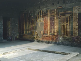Włochy, Kampania, Oplonti, teren archeologiczny Torre Annunziata, rzymska willa Poppea, freski z motywami architektonicznymi w II stylu pompejańskim