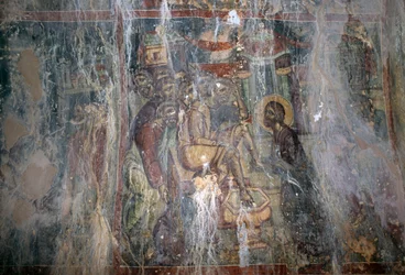 Jezus i obmycie nóg, fresk w bizantyjskim kościele Agios Athanasios, Kefali, Kreta, Grecja (zdjęcie)