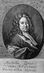 Portret Apostolo Zenona (ok. 1668-1750), włoskiego poety, librecisty, dziennikarza i literata, rycina