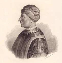 Portret włoskiego dowódcy wojskowego Cana Francesca della Scali, znanego również jako Cangrande I (1291-1329), miedzioryt Eugenia Silvestriego