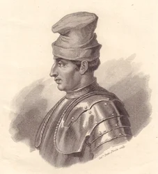 Portret włoskiego dowódcy wojskowego Niccolò Fortebraccia, znanego również jako della Stella (1389-1435), miedzioryt Cateriny Piotti-Piroli