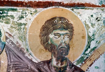 Święty, fragment fresku w kościele Agios Georgios, Mourne, Kreta, Grecja (zdjęcie)
