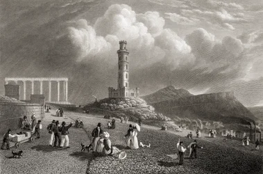 Pomnik Nelsona, Calton Hill, Edynburg, z „Wybrane widoki głównych miast Europy” rytowany przez Kernota, opublikowany w Londynie, 1832