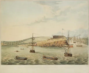 Atak na Fort Oswego, Jezioro Ontario, Ameryka Północna. 6 maja 1814, południe i Storming Fort Oswego przez drugi batalion Royal Marines i grupę marynarzy, 15 metrów po dwunastej w południe, grawerowane przez R. Havell, 1815
