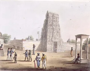 Pagoda w Strupermador, tablica 23 z „Pejzaż malarski w Królestwie Mysore”, sztych. H. Merke (fl.1800-20) wyd. Edward Orme (1774-c.1820) 1804 (akwatinta)