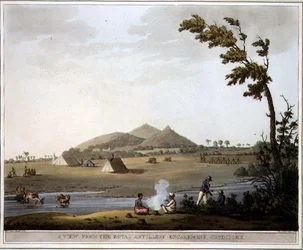 Widok z Królewskiego Obozu Artylerii, Conditore, tablica 37 z „Malownicza sceneria w Królestwie Mysore”, rycina Harraden, wyd. Edward Orme (1774-c.1820) 1804 (akwatinta)