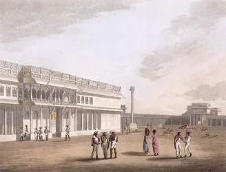 Plac i wejście do Pałacu Tippoo, Bangalore, tablica 12 z „Pictorial Scenery in the Kingdom of Mysore”, wyd. Edward Orme (1774-c.1820) 1804 (akwatinta)