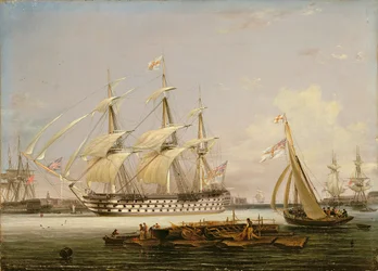 Trzypokładowy wjeżdżający do portu Portsmouth, 1836