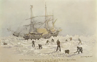 Incydenty podczas podróży handlowej: HMS Terror, gdy pojawiła się po tym, jak została wyrzucona przez lód w Frozen Channel, 27 września 1836