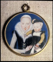 Miniatura portretu Lady Katherine Seymour, z domu Grey (ok. 1538-68), hrabina Hertford, trzymająca małego syna i nosząca miniaturę męża, ok. 1562