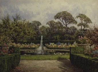 Ogród Lily Pond z Okrągłym Stawem i Fontanną Cherubina (akwarela i gwasz)