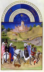 Faksymile sierpnia: sokolnictwo, z Très Riches Heures du Duc de Berry