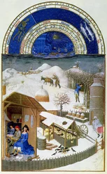 Faksymile lutego: scena na podwórzu z chłopami, skopiowana z „Très Riches Heures du Duc de Berry” (oryginał, zob. 8434)