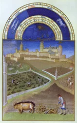 Faksymile marca: Chłopi przy pracy w majątku feudalnym, z "Tres Riches Heures du Duc de Berry" (oryginał zob. 8435)