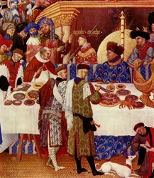 Duc de Berry, siedzący w prawym dolnym rogu, plecami do ognia, ubrany jest na niebiesko i nosi futrzaną czapkę. Zaprasza swoją rodzinę i przyjaciół, aby mu się przedstawili. Za nim znajduje się napis "Podejdź do podejścia". Kilku przyjaciół i członków rodz