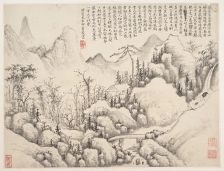 Mountain Retreat, liść z albumu dla Zhou Lianggonga, datowany na lata 1654-55 (liść z albumu zbiorczego składającego się z wielu liści; tusz i kolor na papierze)