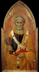 Przedstawienie św. Piotra (San Pietro) Detrempe na drewnie autorstwa Lippo Memmi (znanego w latach 1317-1347) XIV w. Słońce. 0,94x0,44 m - Reprezentacja św. Piotra (San Pietro). Tempera na drewnie autorstwa Lippo Memmi (znana od 1317 do 1347)