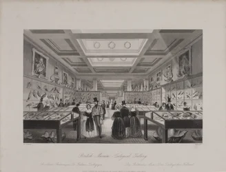 Widok Galerii Zoologicznej, British Museum ukazujący zwiedzających patrzących na wystawy, ok. 1850 (rycina)