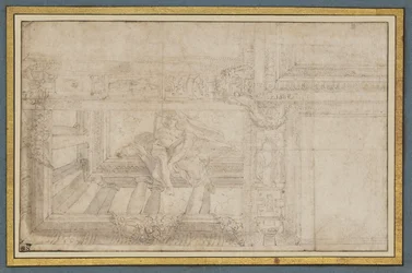Ignudo, po fresku na suficie w Sala di Ulisse, Palazzo Poggi, Bolonia