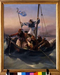 Grecy na statku. Alegoria Grecji zmierzającej ku niepodległości po panowaniu osmańskim i greckiej wojnie o niepodległość (1821-1830), czyli rewolucji greckiej. 1848, Werona