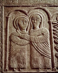 Archeologia średniowiecza (średniowiecze). Sztuka barbarzyńska Lombardii: Nawiedzenie, św. Elżbieta i św. Maria. Rzeźba, sztuka Lombardzka, 737-744. Cividale del Friuli, Muzeum Chretien, skarb katedry