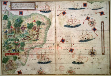 Mapa hydrograficzna Brazylii - Rękopis uzupełniony „Portugalskim atlasem morskim” autorstwa kartografa Loppo Homema 1519 Paryż. B.N. - Mapa hydrograficzna Brazylii - Z iluminowanego rękopisu „Angielski atlas morski” Loppo Homema (XVI wiek)