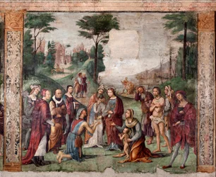 Życie św. Cecylii: Święta oddaje swój majątek ubogim (fresk