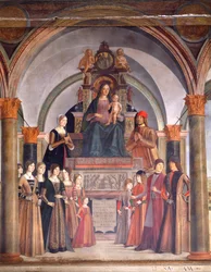 Madonna z Dzieciątkiem z aniołami, autorstwa Lorenzo Costa (ok. 1537-1583), kaplica Bentivoglio w kościele San Giacomo Maggiore, Bolonia, Włochy