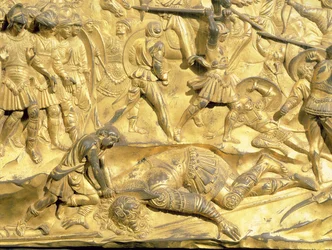 Dawid i Goliat, detal z oryginalnego panelu z wschodnich drzwi baptysterium, 1425-52 (brąz pozłacany) (po renowacji)