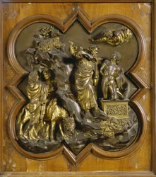 Ofiarowanie Izaaka. Oryginalna płyta Bramy Raju (wschodnie drzwi baptysterium), po konserwacji. Złocony brąz, 1425-52. Museo del Bargello, Florencja.