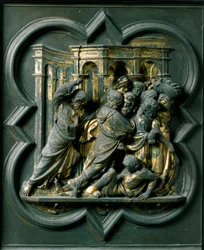 Brama Północna (na północy zwana Bramą Krzyża), detal zewnętrzny: „Jezus wygania kupców ze świątyni””” Rzeźba z brązu wykonana przez Lorenzo Ghiberti (1378-1455)