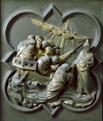 Brama Północna (od północy zwana Bramą Krzyża), detal zewnętrzny: Chrystus kroczący po wodzie. Rzeźba z brązu wykonana przez Lorenzo Ghiberti (1378-1455)