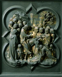 Brama Północna (zwana Bramą Krzyża, od północy), detal zewnętrzny: „”wjazd do Jerozolimy”” Rzeźba z brązu wykonana przez Lorenzo Ghiberti (1378-1455)