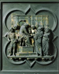 Brama Północna (na północy zwana Bramą Krzyża), detal zewnętrzny: „Chrystus stoi w obliczu Poncjusza Piłata (Pontius Pilatius)” Rzeźba z brązu wykonana przez Lorenzo Ghiberti (1378-1455)